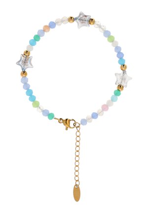 Brățară delicată cu mărgele rotunde multicolore, mărgele transparente în formă de stea, distanțiere rotunde aurii și închizătoare cu lanț auriu și extindere.