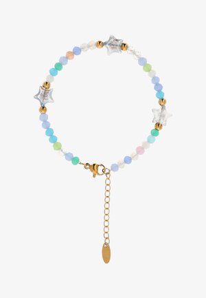 Brățară delicată cu mărgele rotunde multicolore, mărgele transparente în formă de stea, distanțiere rotunde aurii și închizătoare cu lanț auriu și extindere.
