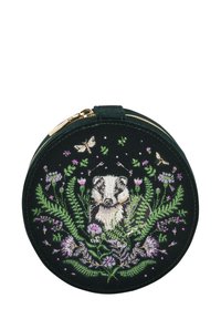 Round, black velvet cosmetic bag featuring intricate embroidery of a badger surrounded by flowers and ferns in purple and green hues. Gold zipper.