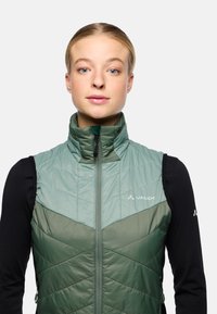 Gilet verde senza maniche con colletto alto, caratterizzato da un design a rombi trapuntato. Logo sul lato sinistro del petto, parte inferiore di colore più scuro in contrasto. Materiale leggero.