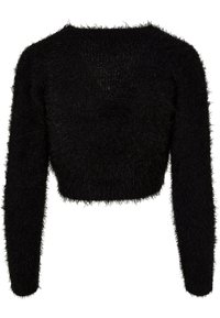 Czarny krótki sweter wykonany z puszystego materiału, z długimi rękawami, okrągłym dekoltem i teksturowaną powierzchnią o miękkim wykończeniu.