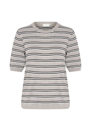 Svītrainā trikotāžas krekls gaiši pelēkā un melnā krāsā, ar īsām piedurknēm, apaļu kakla izgriezumu un horizontālām svītrām ar mainīgām platumiem.