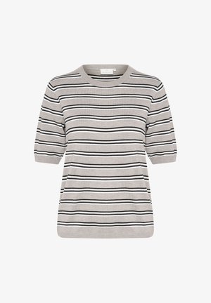 Haut en tricot rayé en gris clair et noir, avec des manches courtes, un col rond et des rayures horizontales de largeurs variées.