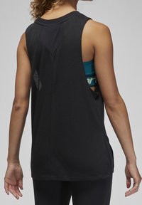 Black sleeveless athletic tank top with a round neckline, mesh back, side slits, and a smooth texture. Features a subtle diamond pattern.