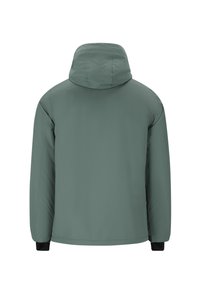 Grön vadderad jacka med huva, med en slät yta, långa ärmar och svarta detaljer vid manschetterna. Bakvyn.