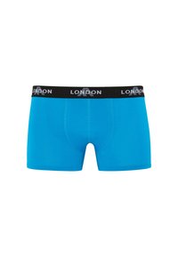 Blue boxer shorts made of elastic material with a black waistband featuring the word "LONDON" in gray lettering. Smooth texture, fitted design.