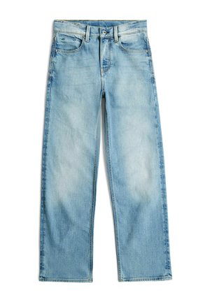 Jean en denim bleu clair avec une coupe droite, fermeture devant par bouton et zip, et design à cinq poches.