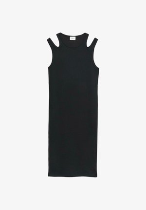 Schwarzes ärmelloses Midikleid mit Cut-Outs an den Schultern und rundem Ausschnitt, gerippte Textur, flach auf weißem Hintergrund liegend.
