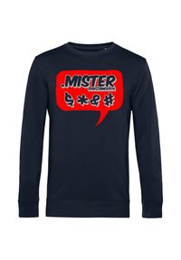 Sweatshirt a maniche lunghe blu navy con un design grafico in rosso e bianco che presenta il testo "MISTER ZEEK@SINCE1976" e simboli.