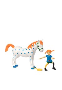 Toy set featuring a white horse with blue polka dots and orange mane, alongside a small figure in a blue shirt and green shorts.