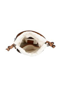 Open brown leather bucket bag with cream fabric drawstring interior and inner slip pocket, viewed from above.