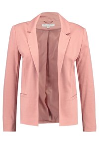 Světle růžový dámský blazer s notch klopami, dlouhými rukávy, dvěma předními rozparky a hladkým odpovídajícím růžovým podšíváním.