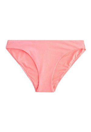 Chiloți de bikini pentru femei, de culoare roz deschis solid, cu croială clasică, confecționați dintr-un material neted, așezați plan pe un fundal alb.