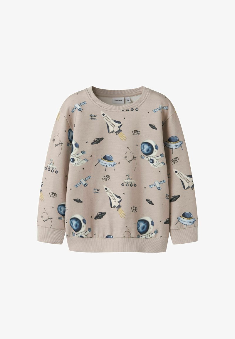 Sweat-shirt beige pour enfants avec des motifs sur le thème de l'espace, comprenant des astronautes, des fusées, des satellites, des OVNI, des rovers et des étoiles.