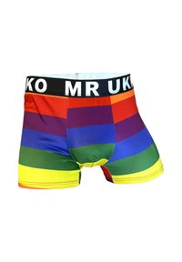 Farverige boksershorts med vandrette striber i rød, orange, gul, grøn, blå og lilla, med en sort talje, der er mærket "MR UK."