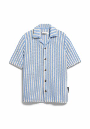 Kurzärmeliges Hemd mit Knopfleiste, blauen und beigen vertikalen Streifen und strukturiertem Strickmuster, mit Kragen und fünf dunklen Knöpfen.