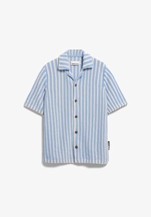 Kurzärmeliges Hemd mit Knopfleiste, blauen und beigen vertikalen Streifen und strukturiertem Strickmuster, mit Kragen und fünf dunklen Knöpfen.