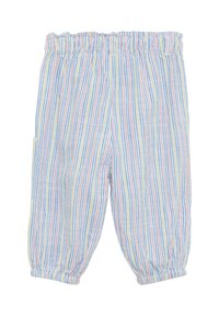 Leichte Stoffhose mit gestreiften Mustern in Blau, Gelb und Pink; verfügen über einen elastischen Bund und geraffte Bündchen.