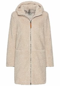 Beige Fleece-Mantel mit Kapuze, durchgehendem Reißverschluss, zwei Fronttaschen und einer weichen, strukturierten Oberfläche. Verfügt über einen Leder-Reißverschlussanhänger als Akzent.