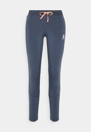 Navy athletic leggings made of stretchy fabric, featuring an orange drawstring, side seams, and a logo on the left thigh.