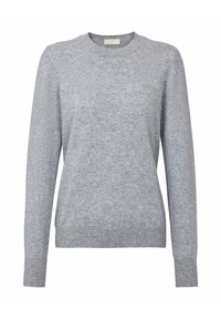 Grauer Pullover aus weichem Strickstoff. Mit rundem Ausschnitt, langen Ärmeln und geripptem Saum sowie Bündchen. Einfaches und nahtloses Design.