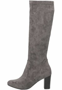 Botte femme grise en daim, haute, avec bout arrondi et talon bloc, vue de côté sur fond blanc.