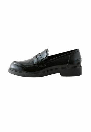 Black leather loafers with a smooth finish, a rounded toe, and a decorative seam detail. Features a low, block heel and a non-slip sole.