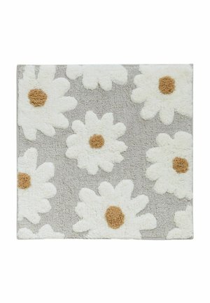 Soft square rug with a gray background and large white daisy flowers with brown centers covering the surface.