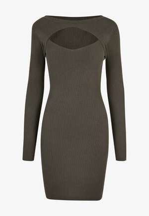 Robe longue à manches longues en vert olive. Présente un design en décolleté sur la zone de la poitrine. La coupe près du corps met en valeur la silhouette.