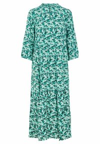Robe midi à manches longues, couleur sarcelle et blanche, à motif floral, coupe ample avec sections froncées pour plus de volume.