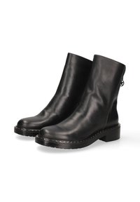 Stivaletti neri in pelle con una texture liscia, punta arrotondata, tacco basso a blocco e cuciture decorative lungo la suola.