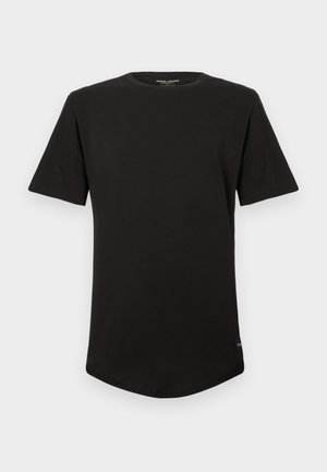 Black short-sleeve crew neck T-shirt with a curved hem and small logo tag near the bottom side seam.