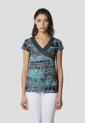 Zwart en turkoois kort mouw top met een V-hals, voorzien van paisley- en bloemmotieven, gestructureerde stof en streepaccenten bij de halslijn.