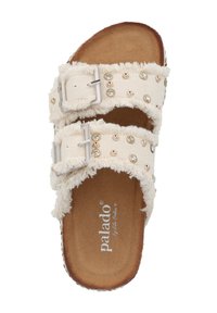 Beige Sandalen mit flauschiger Textur, zwei verstellbaren Riemen, silbernen Schnallen und dekorativen Strasssteinen auf dem Obermaterial. Weiche, gepolsterte Innensohle.