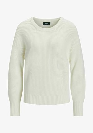 Kermapukainen neulepaita, jossa on ribbikuviointi, leveä pyöreä pääntie ja roikkuvat olkapäät. Pitkät hihat ja rento istuvuus.