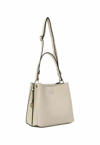 Borsa a tracolla sintetica beige con rifiniture nere, dotata di una lunga tracolla e dettagli in oro. Texture liscia, forma strutturata, design minimalista.