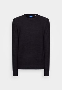 Mörkgrå stickad tröja med rundad halsringning, långa ärmar och ribbade muddar och nederkant. Texturerad mönster genom hela tyget.