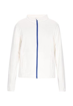 Bílá zipová bunda s modrým zipem, vysokým límcem, dlouhými rukávy a bočními kapsami. Vyrobena z měkkého, hladkého materiálu.