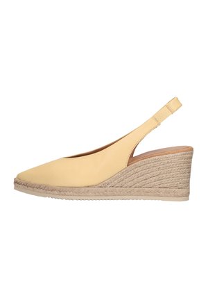 Beige leren slingback sleehak met gesloten puntige neus en geweven jute plateauhak.