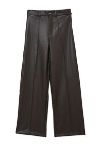 Black faux leather wide-leg pants with a smooth texture, front pleats, and a button closure at the waist.