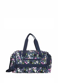 Duffle bag with a navy background, featuring a floral pattern in pink, white, and green. Includes dual handles and a removable shoulder strap.
