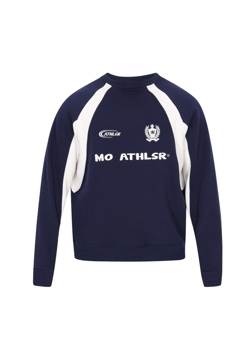 Felpa blu navy con maniche raglan bianche, collo rotondo e logo frontale "MO ATHLSR®". Presenta polsini e orlo a coste. Tessuto morbido al tatto.