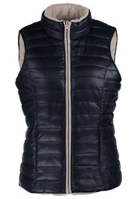 Donker marineblauwe puffer vest met een hoge kraag, ritssluiting en tan fleece voering. Beschikt over een doorgestikt ontwerp en zijzakken. Zachte textuur.
