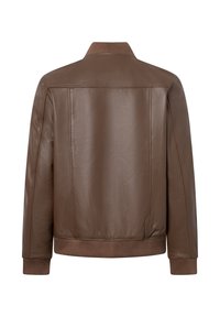Giubbotto di pelle marrone con colletto a coste, polsini e vita elasticizzati, caratterizzato da una texture liscia e un design minimalista, vista posteriore.