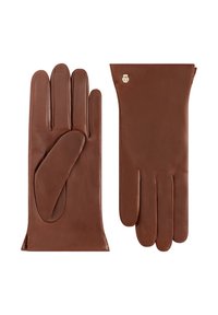 Ein Paar braune Lederhandschuhe, einer zeigt die Handfläche, der andere die Rückseite mit einem kleinen goldenen Emblem nahe dem Handgelenk.