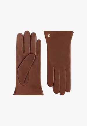 Ein Paar braune Lederhandschuhe, einer zeigt die Handfläche, der andere die Rückseite mit einem kleinen goldenen Emblem nahe dem Handgelenk.