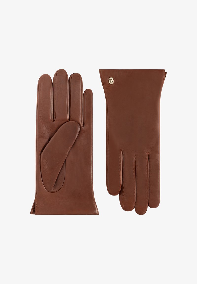 Ein Paar braune Lederhandschuhe, einer zeigt die Handfläche, der andere die Rückseite mit einem kleinen goldenen Emblem nahe dem Handgelenk.