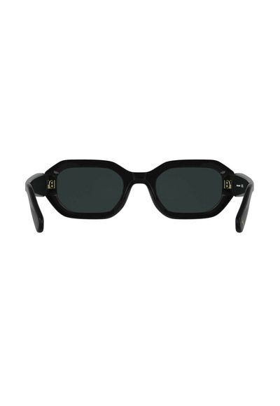 Black octagonal sunglasses with dark lenses, thick plastic frame, and gold accent detailing on the hinges. Smooth texture throughout.