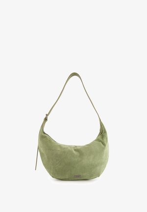 Green suede hobo bag with a curved shape, adjustable strap, and subtle sheen. Features a small logo detail on the front.