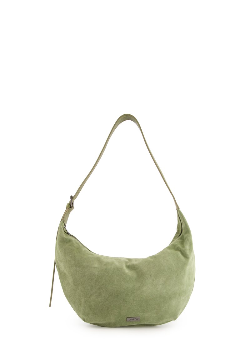 Grøn ruskinds hobo taske med en buet form, justerbar rem og subtil glans. Har et lille logo detalje på forsiden.